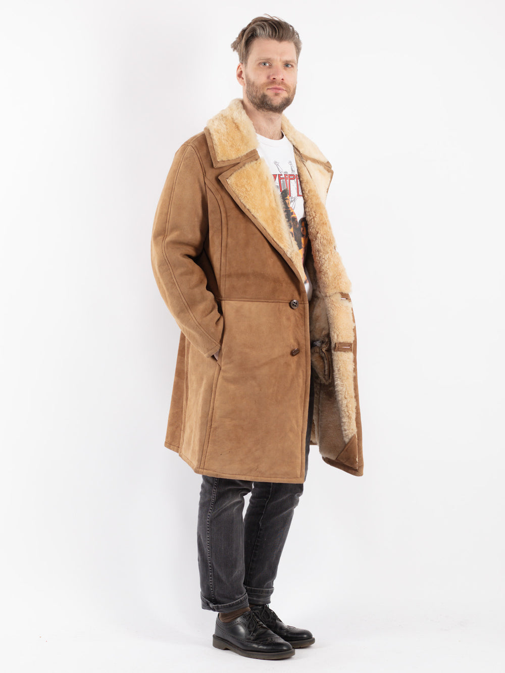 Vintage 70's Men Sheepskin Coat in Beige