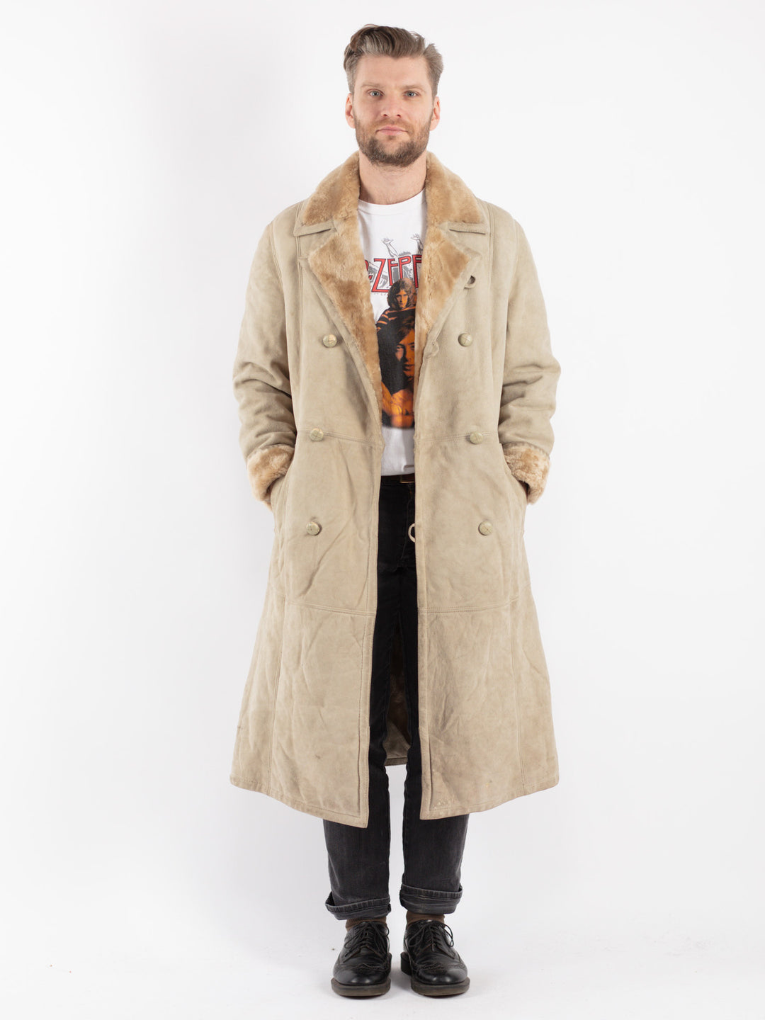 Vintage 70's Men Sheepskin Coat in Beige