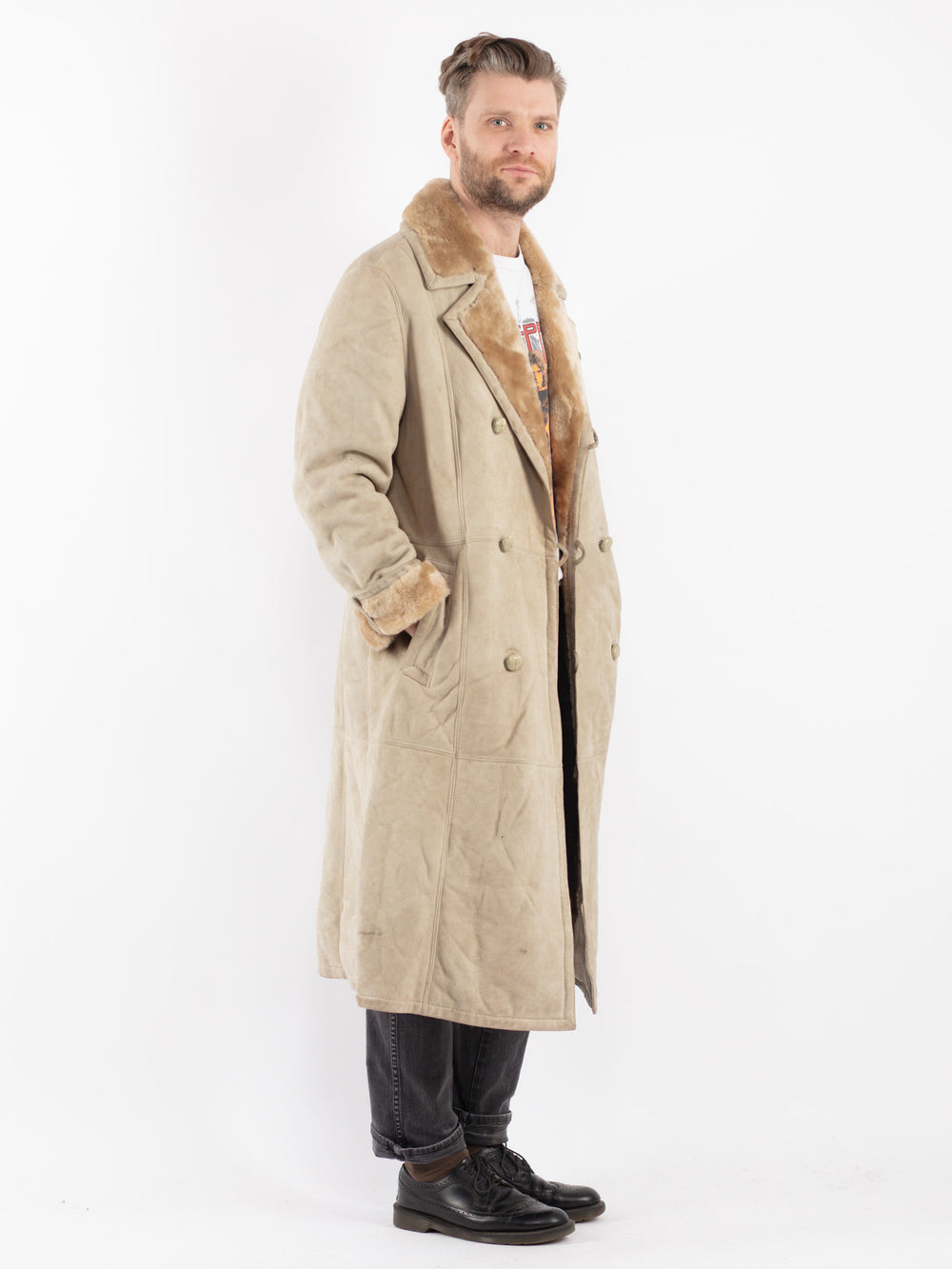 Vintage 70's Men Sheepskin Coat in Beige