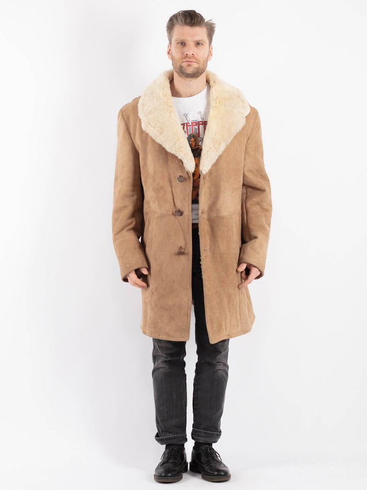 Vintage 70's Men Sheepskin Shearling Coat in Beige - NorthernGrip