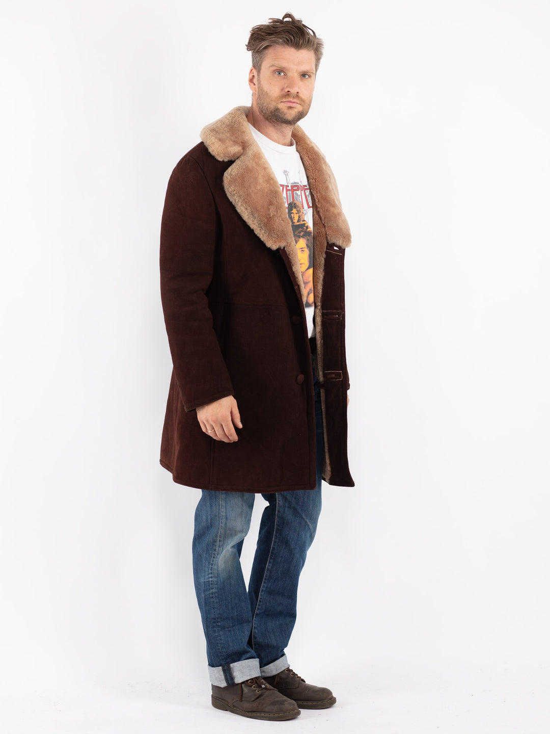 Vintage Men Sheepskin Shearling Coat in Brown