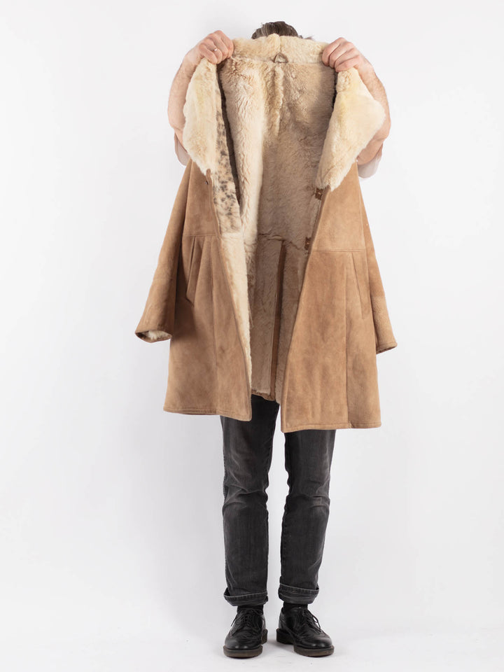 Vintage 70's Men Sheepskin Shearling Coat in Beige - NorthernGrip