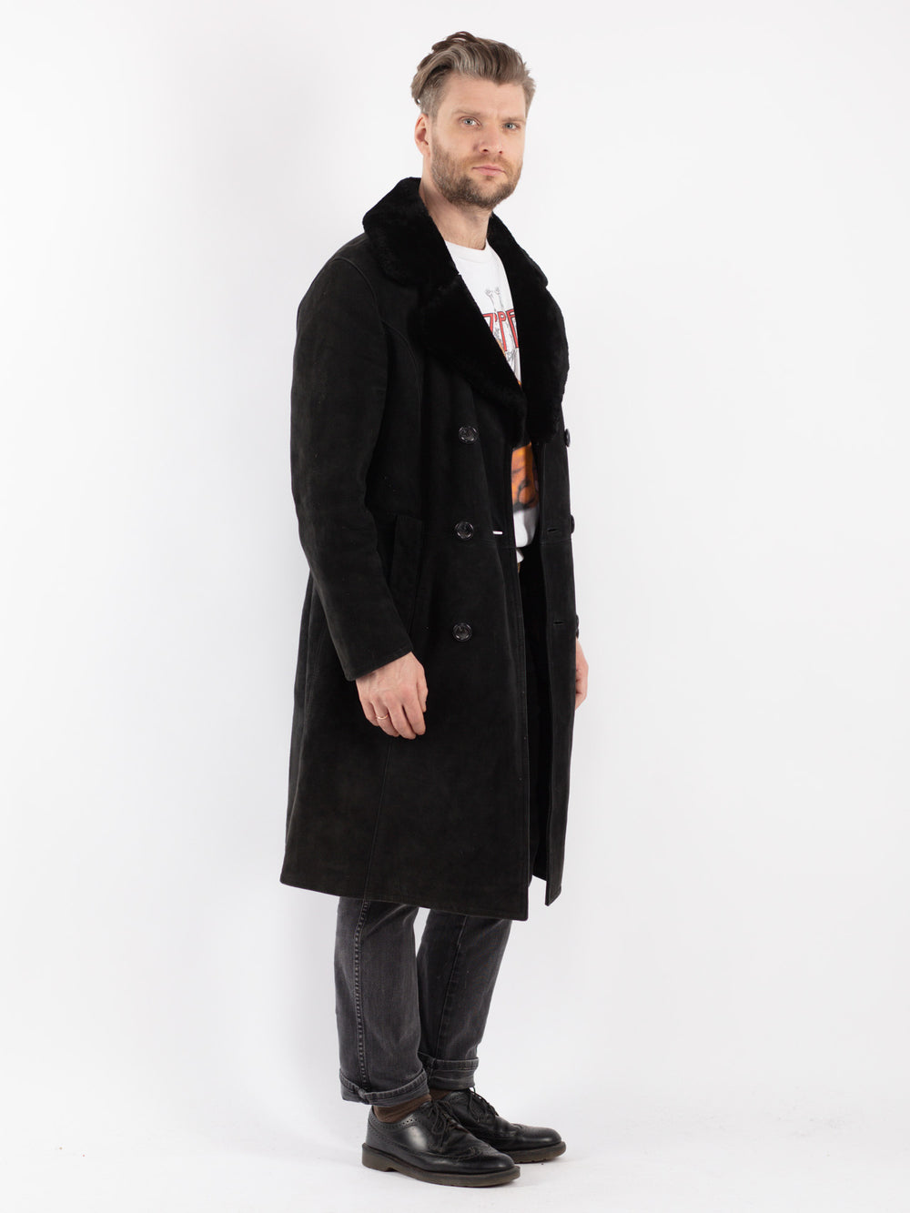 Vintage 70's Men Sheepskin Shearling Coat in Black