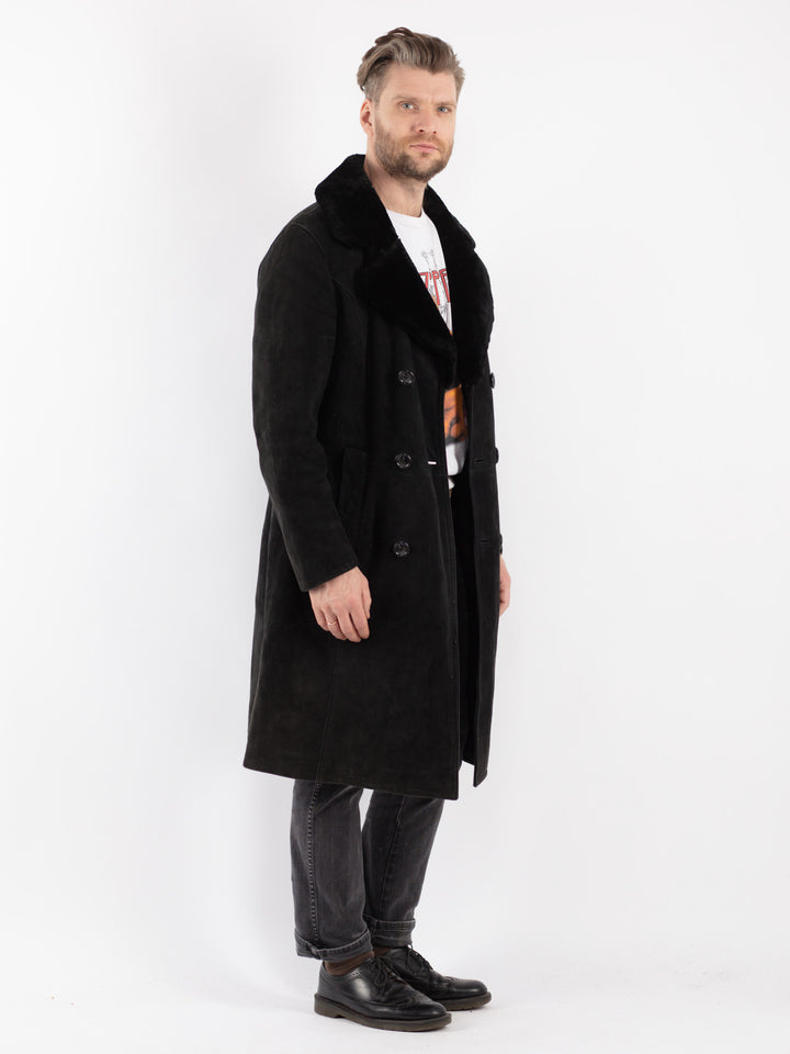 Vintage 70's Men Sheepskin Shearling Coat in Black