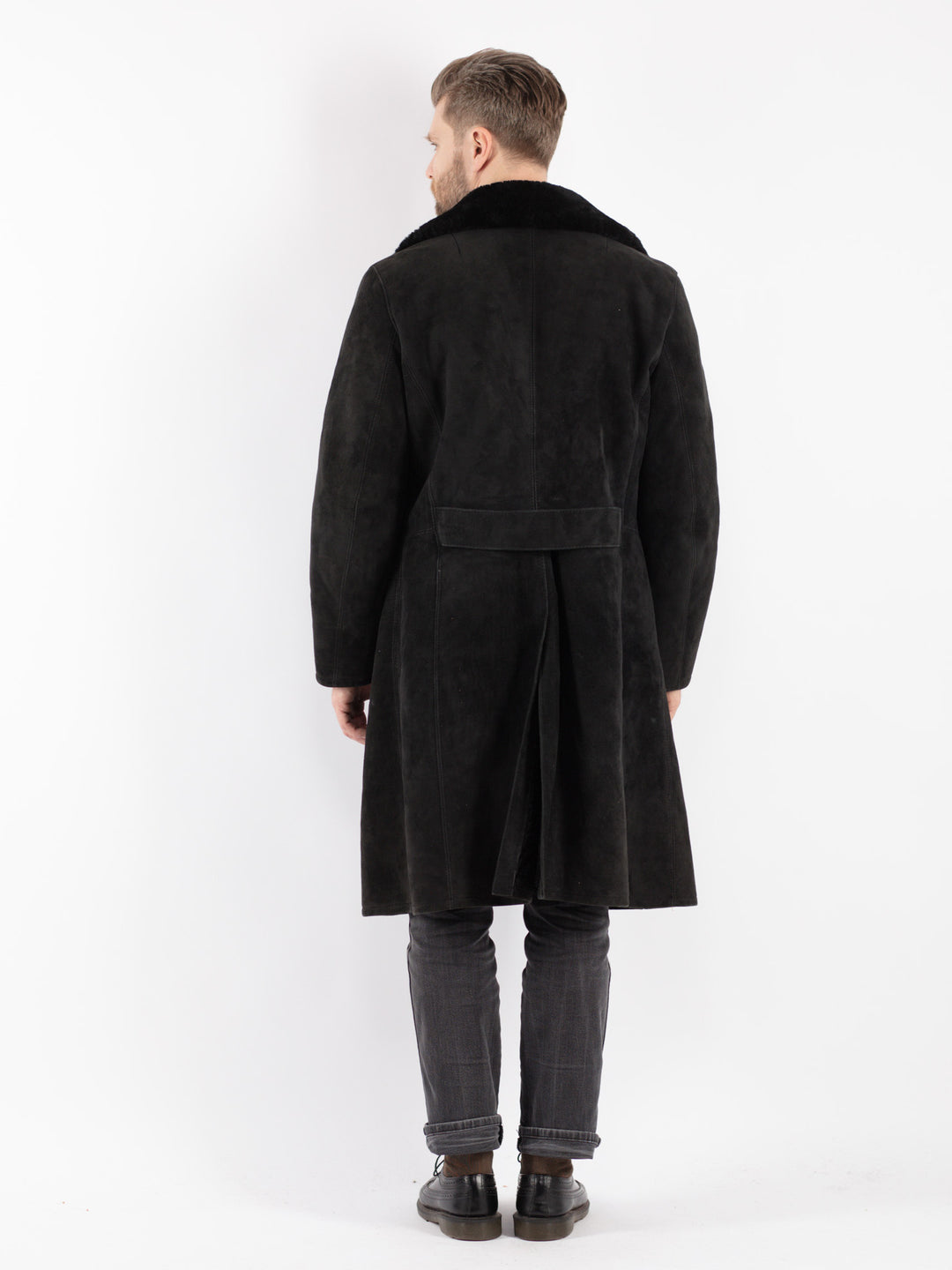 Vintage 70's Men Sheepskin Shearling Coat in Black