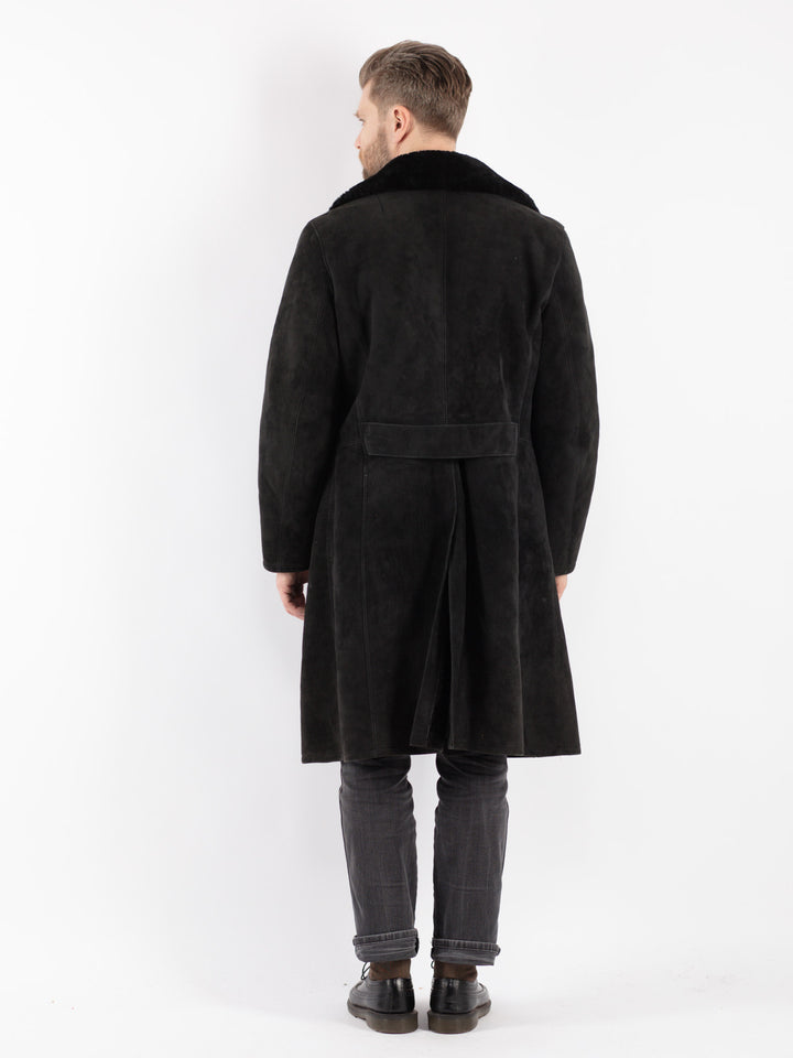 Vintage 70's Men Sheepskin Shearling Coat in Black