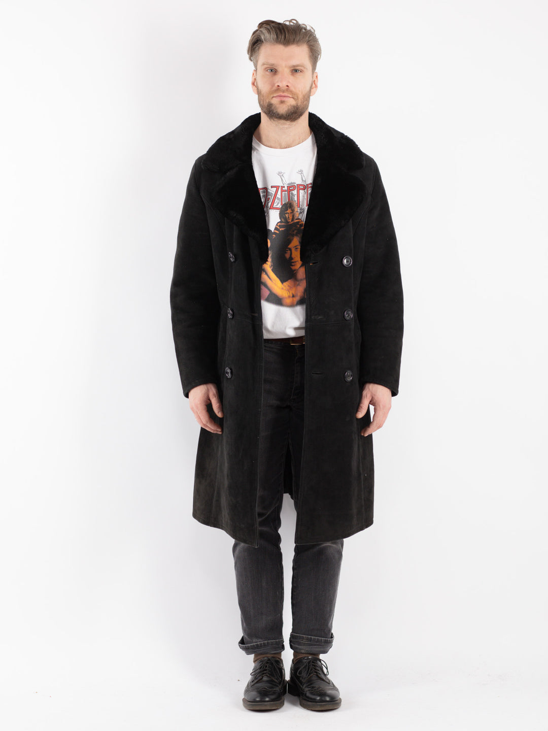 Vintage 70's Men Sheepskin Shearling Coat in Black