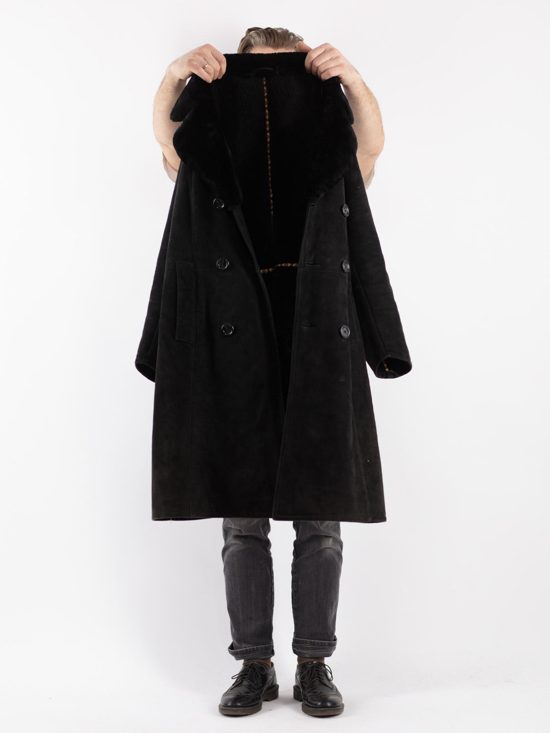 Vintage 70's Men Sheepskin Shearling Coat in Black