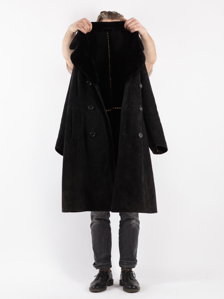 Vintage 70's Men Sheepskin Shearling Coat in Black