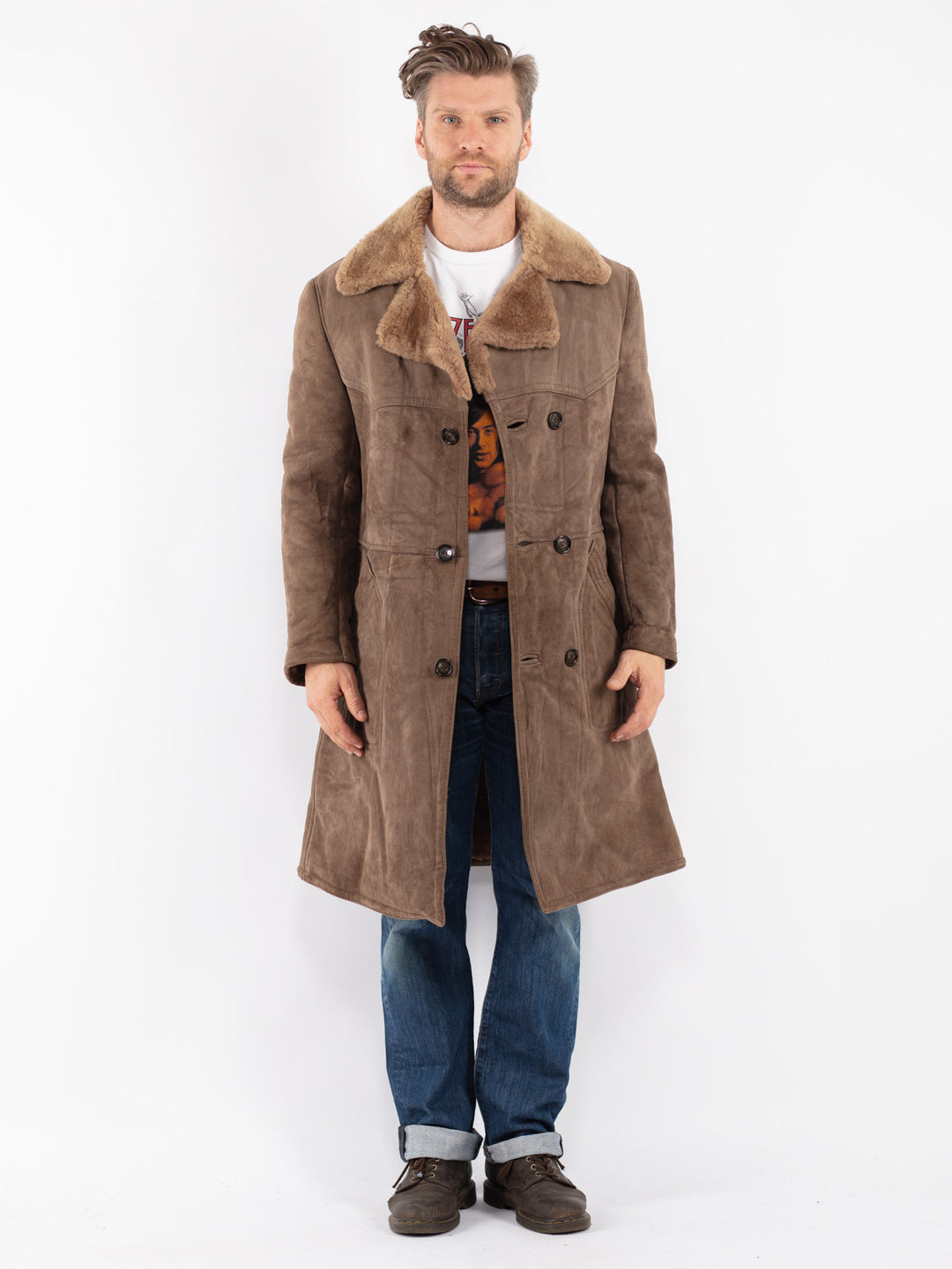 Vintage Men Sheepskin Coat in Beige