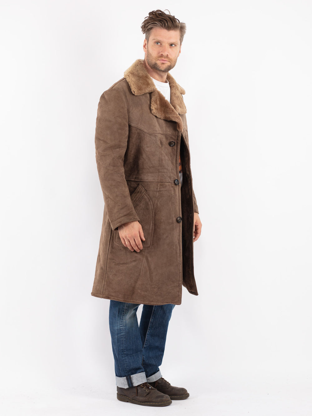 Vintage Men Sheepskin Coat in Beige