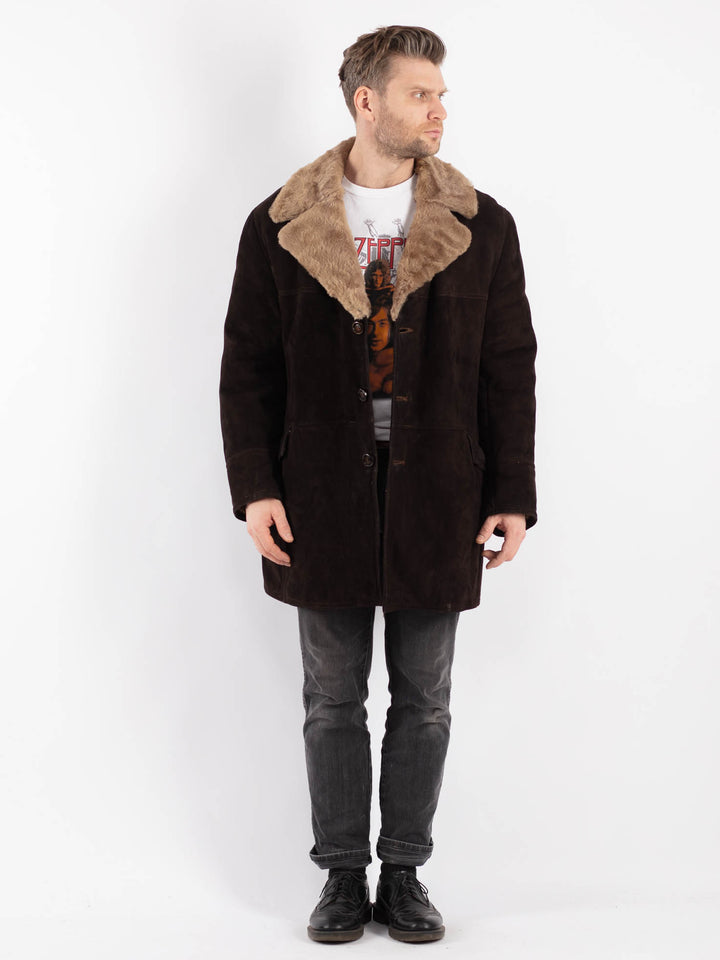 Vintage 70's Men Sheepskin Shearling Coat in Brown