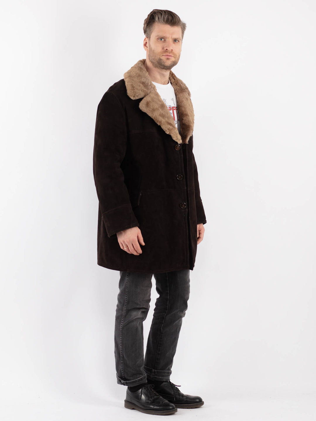 Vintage 70's Men Sheepskin Shearling Coat in Brown
