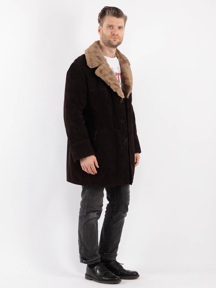 Vintage 70's Men Sheepskin Shearling Coat in Brown