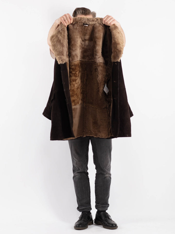 Vintage 70's Men Sheepskin Shearling Coat in Brown
