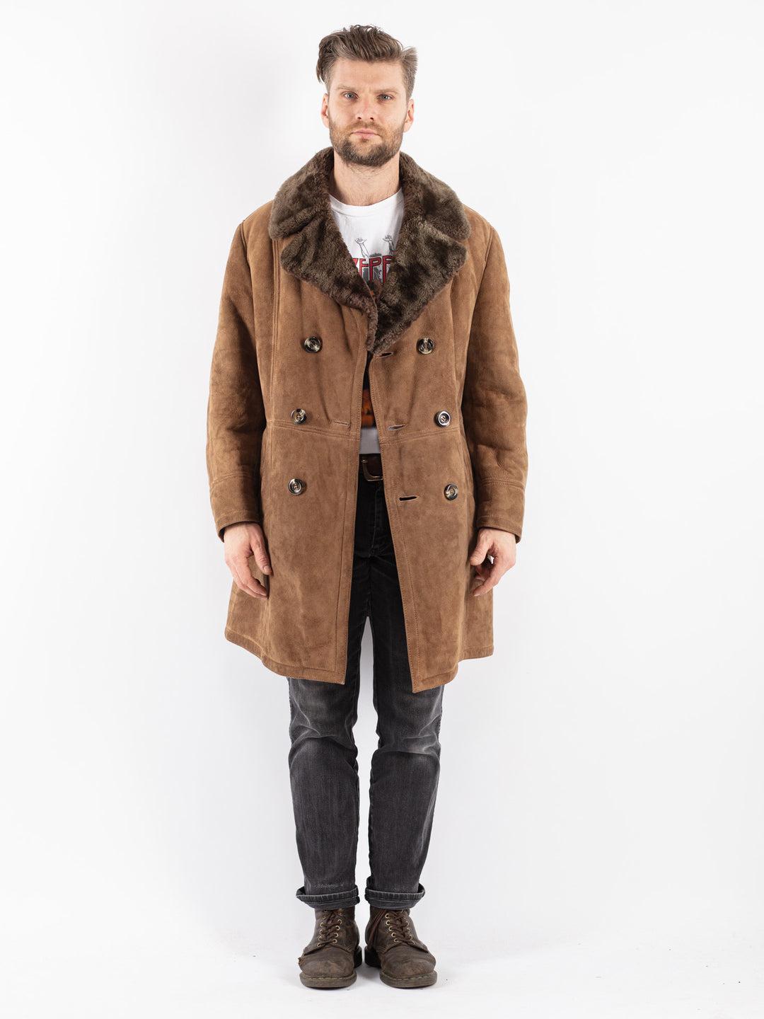Vintage 70's Men Sheepskin Coat in Beige
