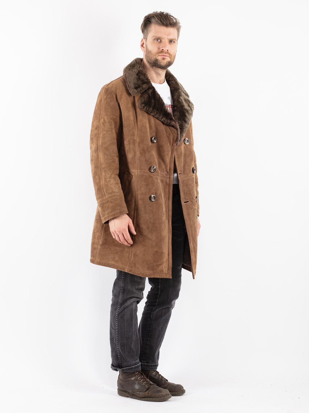 Vintage 70's Men Sheepskin Coat in Beige
