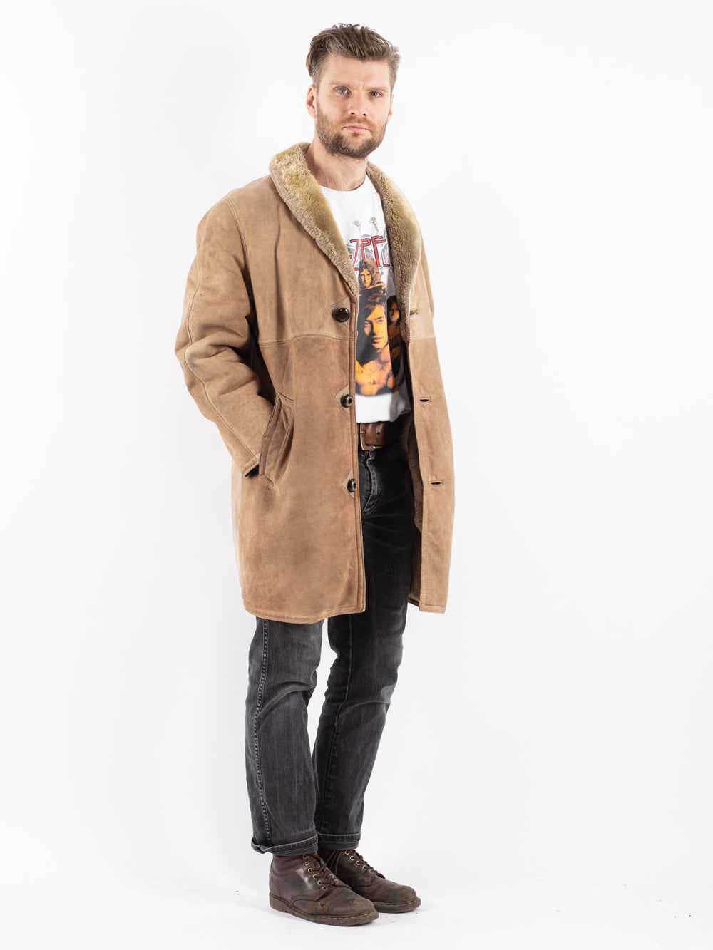 Vintage 70's Men Sheepskin Coat in Beige