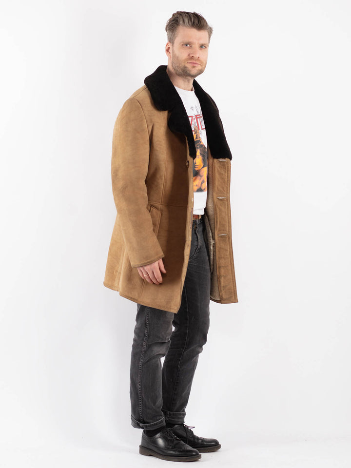 Vintage 70's Men Sheepskin Shearling Coat in Beige