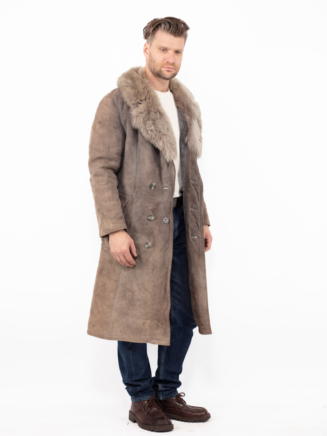 Vintage 70's Men Sheepskin Coat in Faded Gray