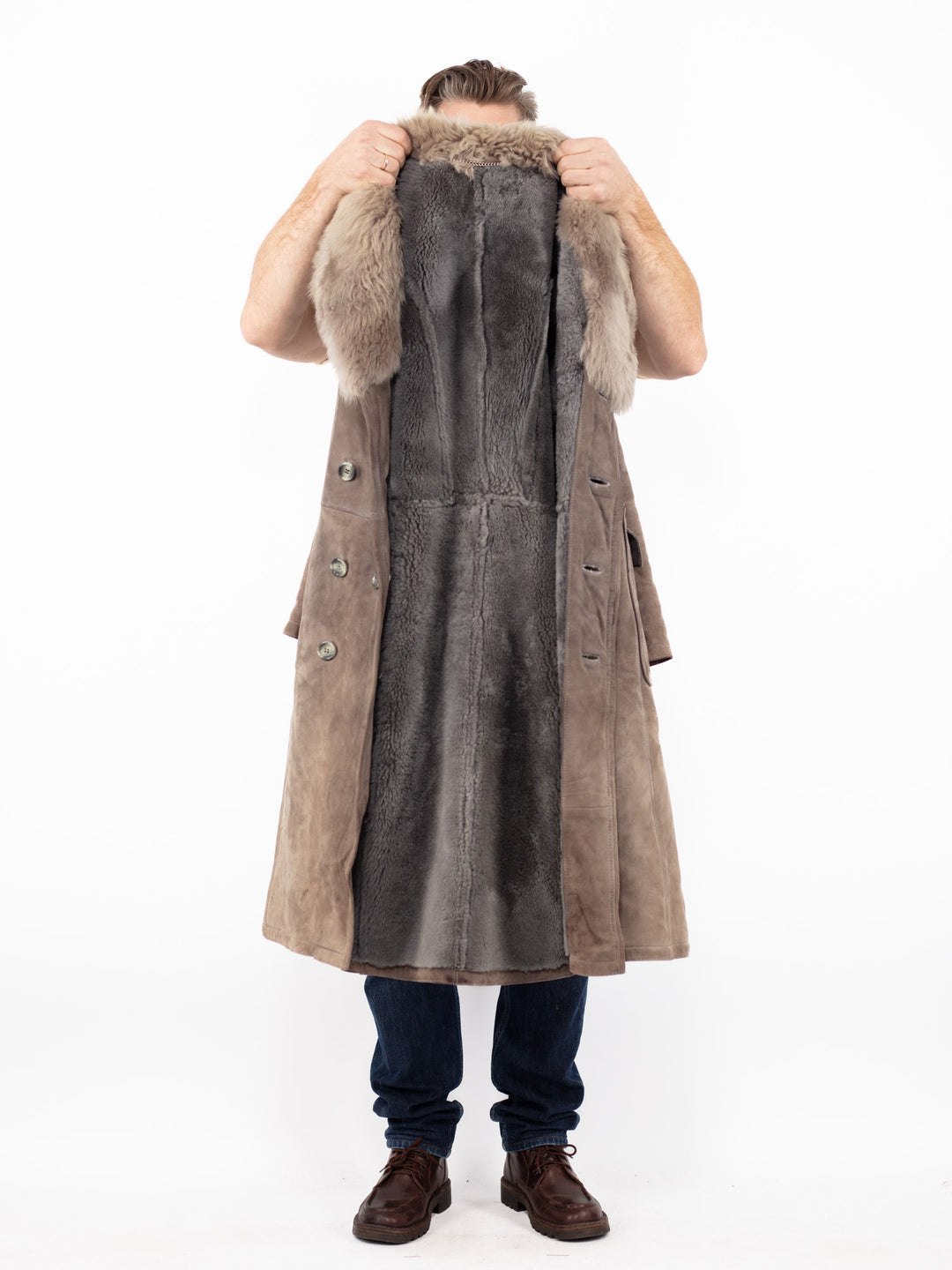 Vintage 70's Men Sheepskin Coat in Faded Gray