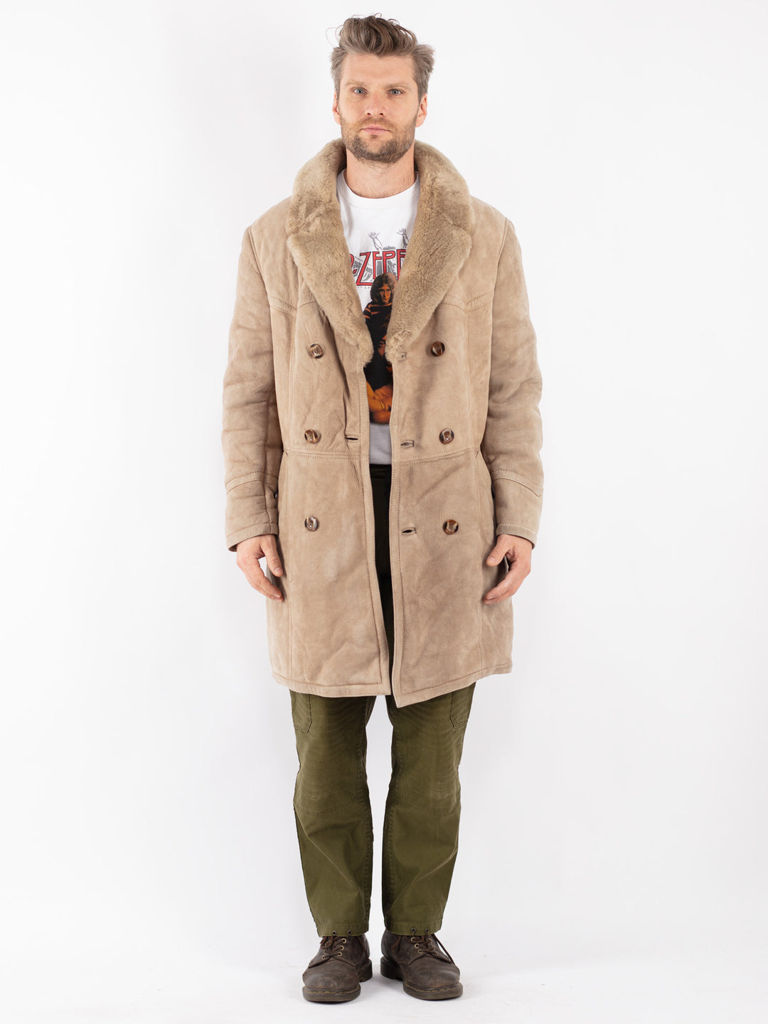 Vintage Men Sheepskin Coat in Beige