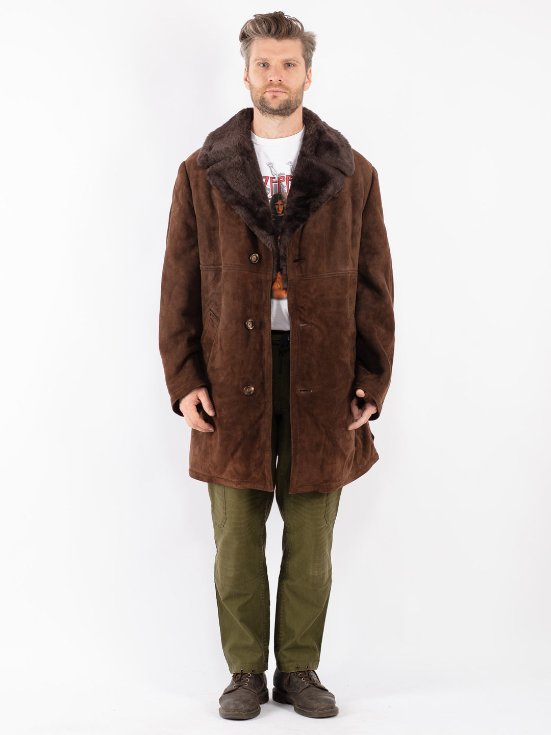 Vintage Men Sheepskin Shearling Coat in Brown