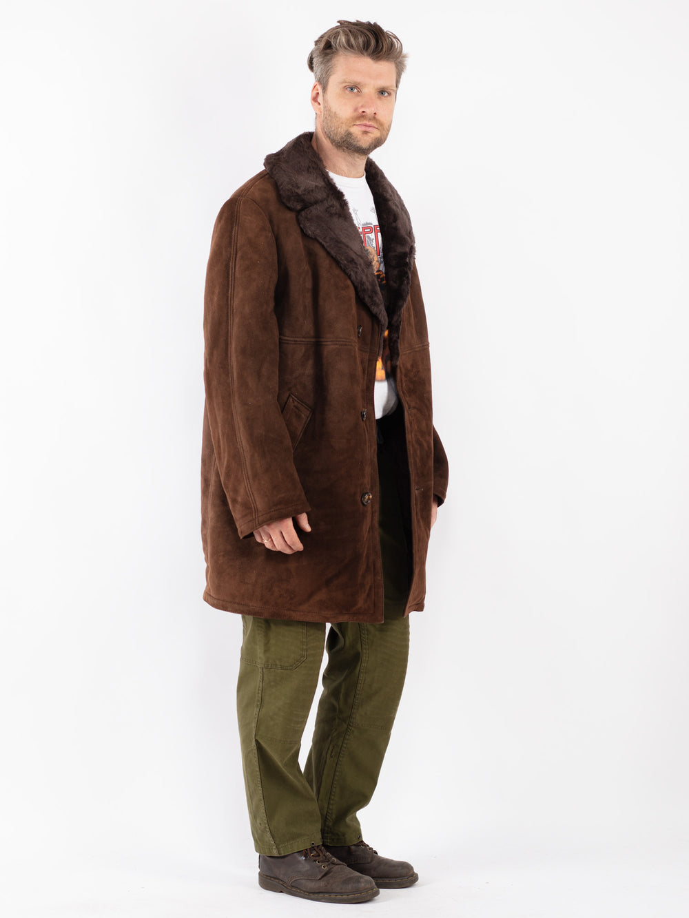 Vintage Men Sheepskin Shearling Coat in Brown