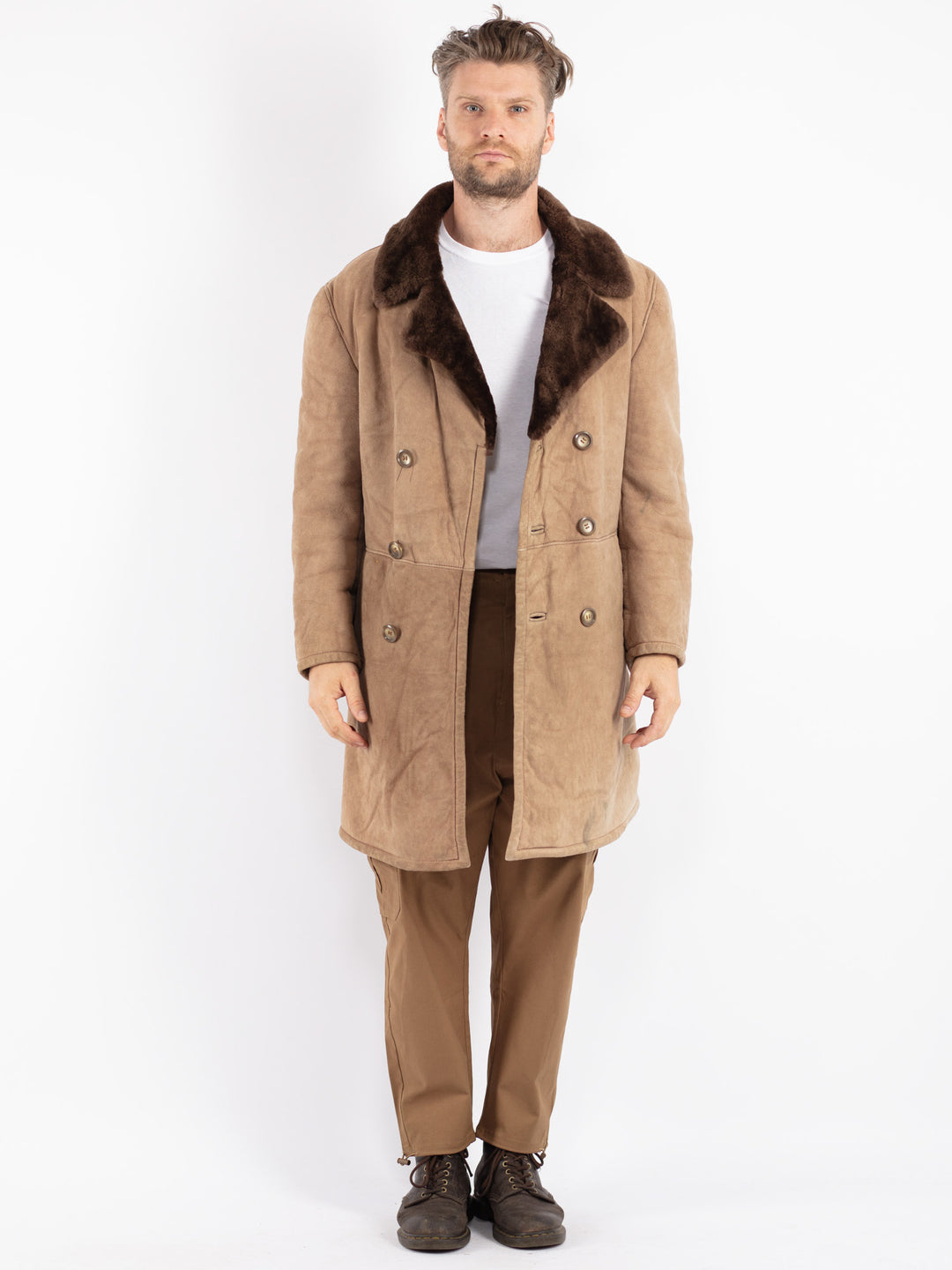 Vintage Men Sheepskin Coat in Beige