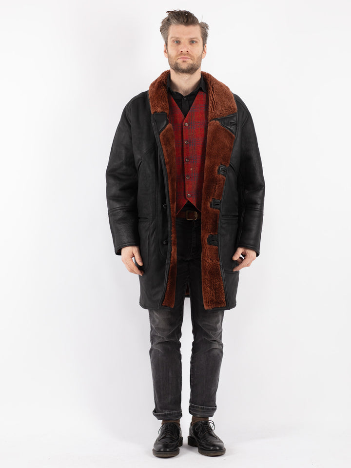 Vintage 80's Men Sheepskin Shearling Coat in Black