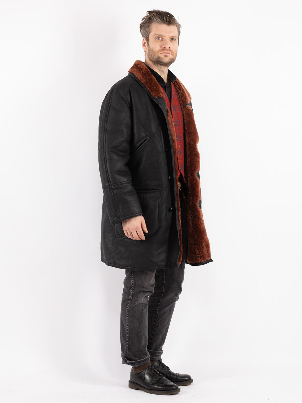 Vintage 80's Men Sheepskin Shearling Coat in Black