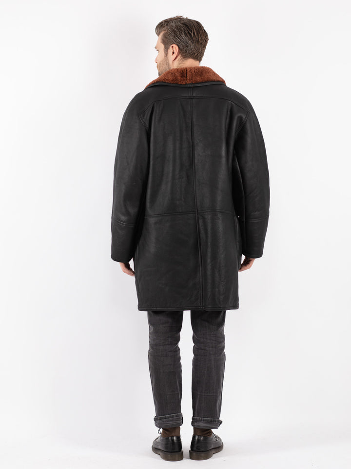 Vintage 80's Men Sheepskin Shearling Coat in Black