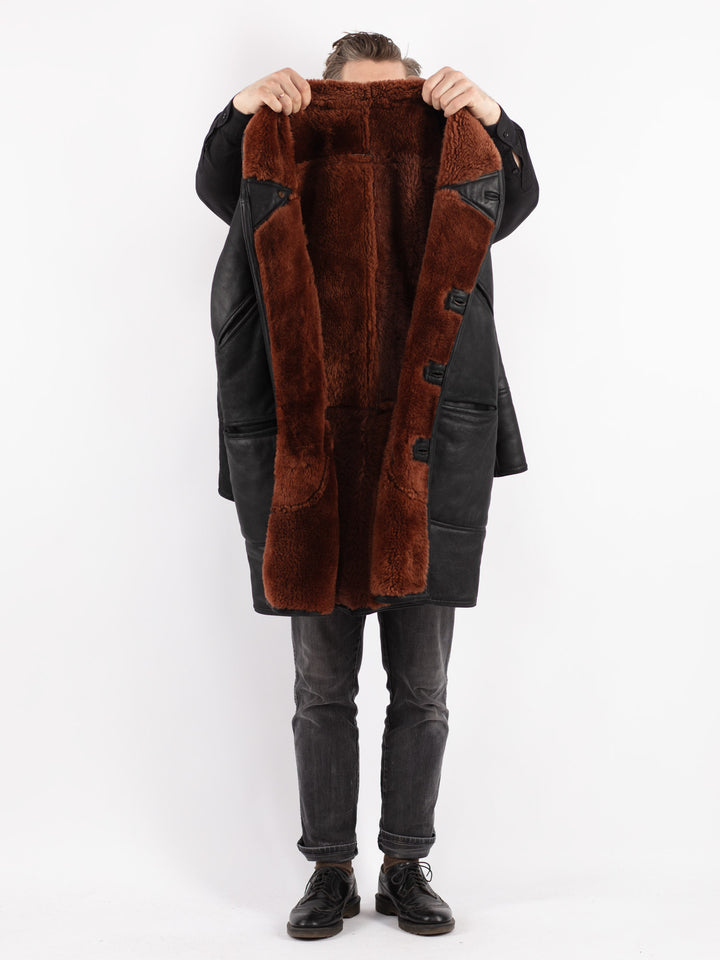 Vintage 80's Men Sheepskin Shearling Coat in Black