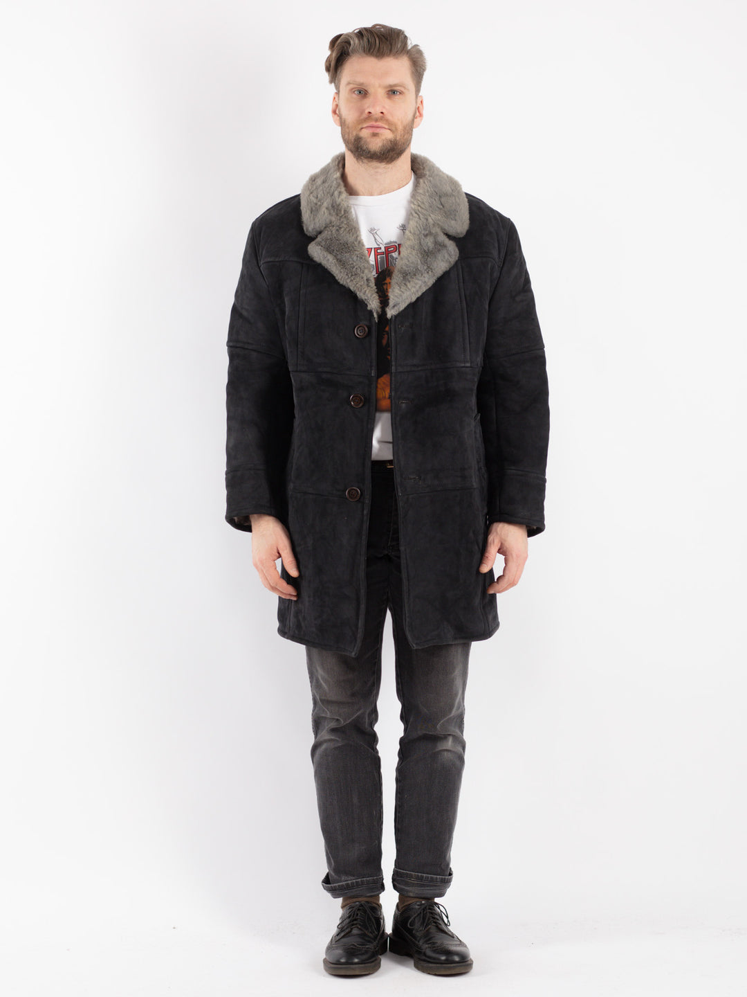 Vintage 70's Men Sheepskin Coat in Gray