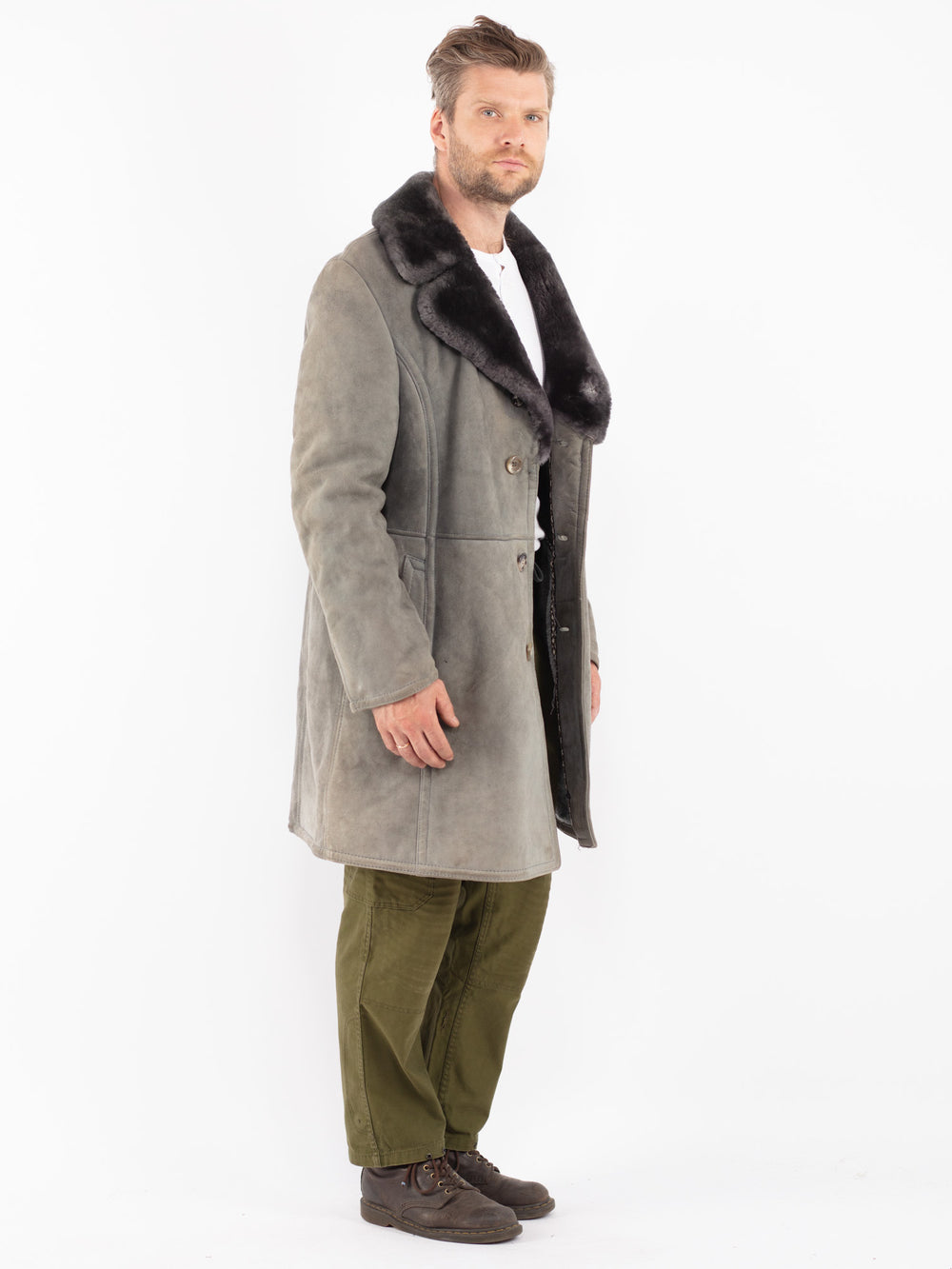 Vintage 70's Men Sheepskin Shearling Coat in Gray