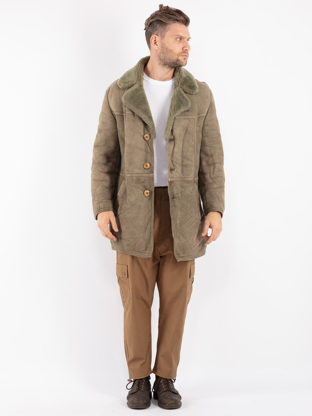Vintage 70's Men Sheepskin Coat in Green