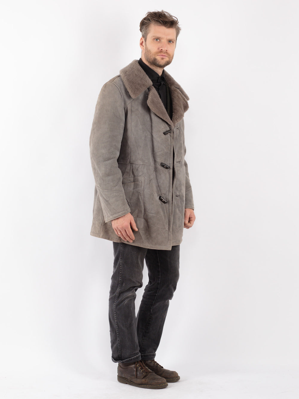 Vintage 70's Men Sheepskin Coat in Gray
