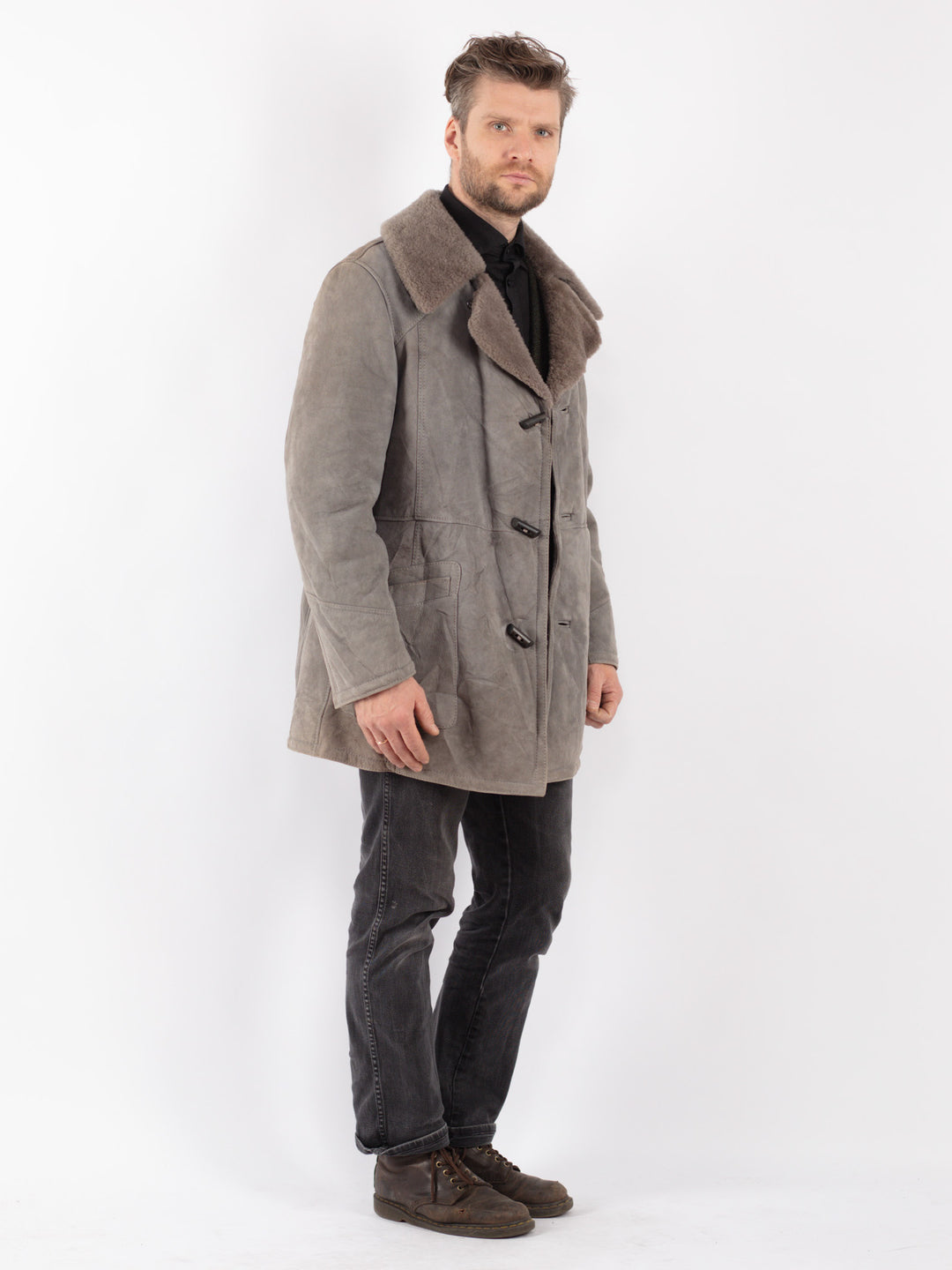 Vintage 70's Men Sheepskin Coat in Gray