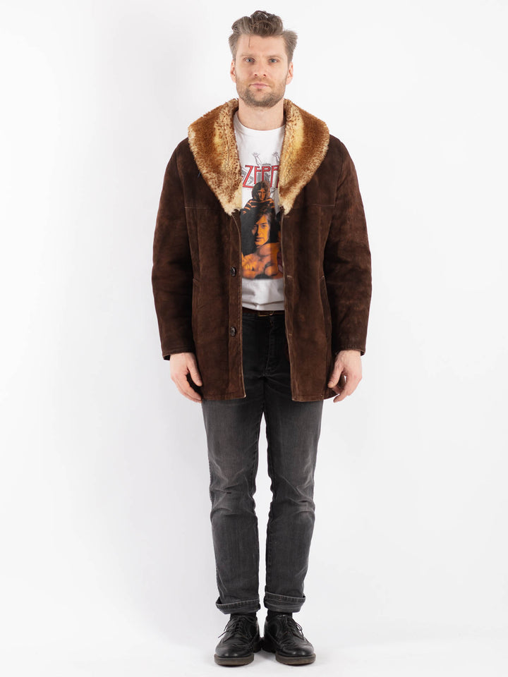 Vintage 70's Men Sheepskin Shearling Coat in Brown