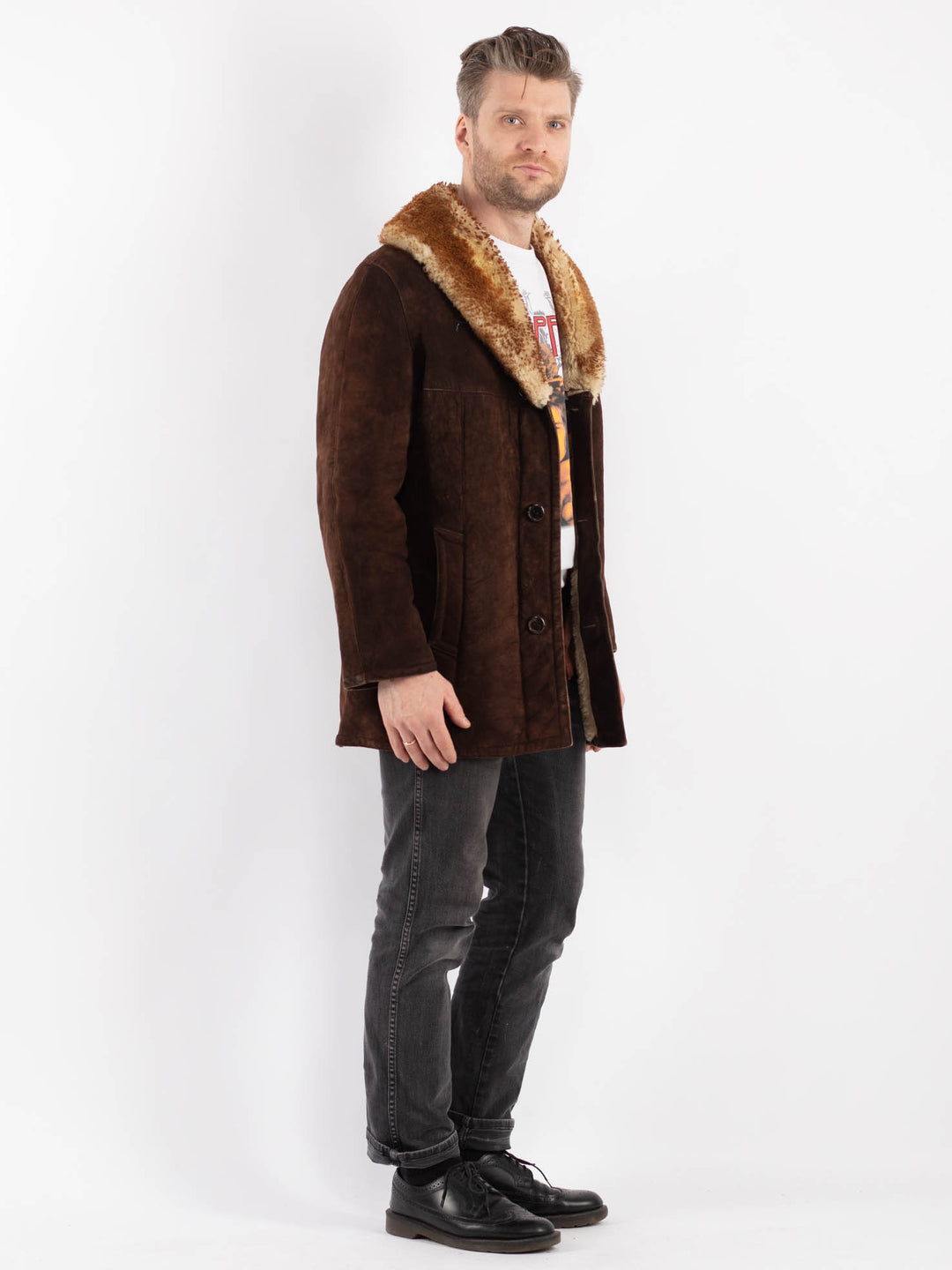 Vintage 70's Men Sheepskin Shearling Coat in Brown