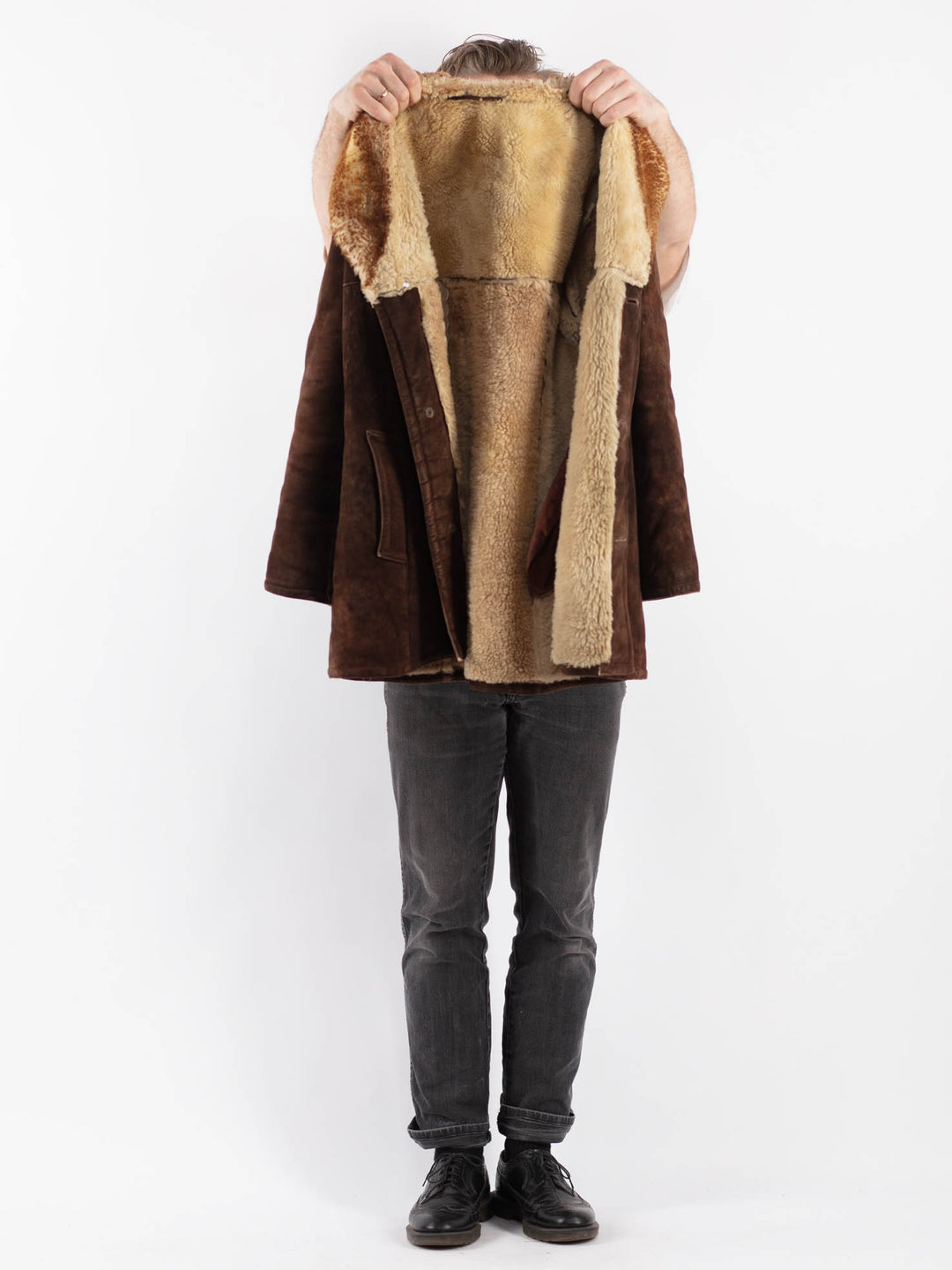 Vintage 70's Men Sheepskin Shearling Coat in Brown