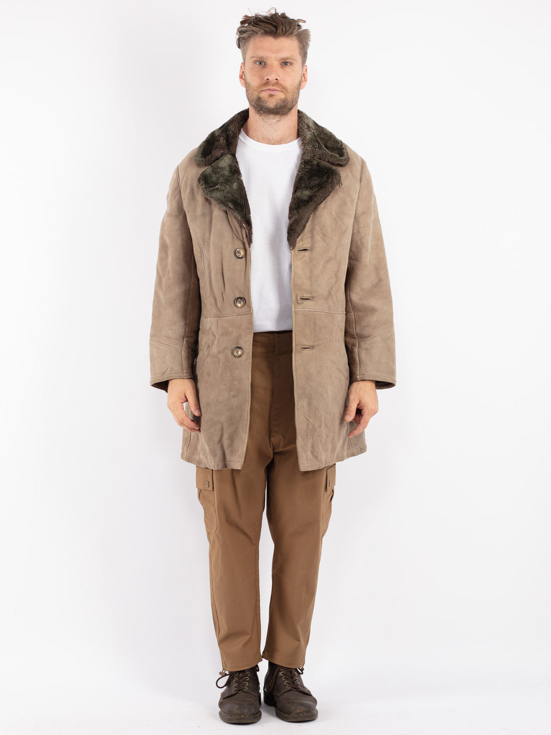Vintage Men Sheepskin Coat in Beige