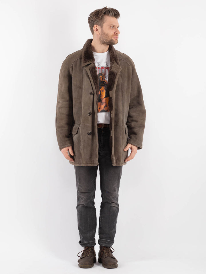 Vintage 70's Men Sheepskin Shearling Coat in Brown