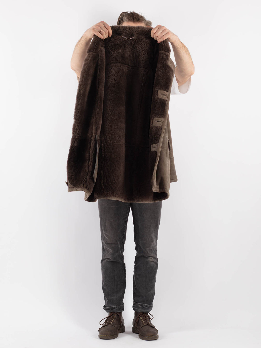 Vintage 70's Men Sheepskin Shearling Coat in Brown