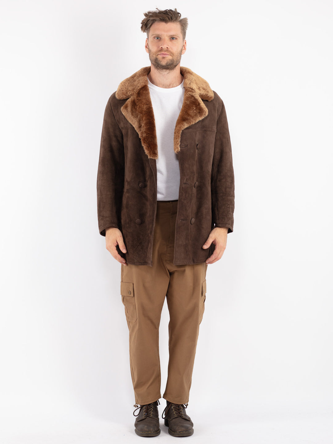 Vintage 70's Men Sheepskin Shearling Coat in Brown