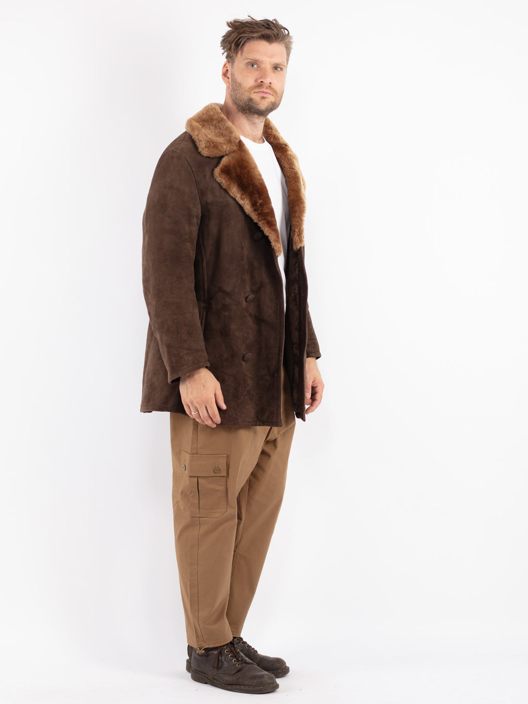 Vintage 70's Men Sheepskin Shearling Coat in Brown