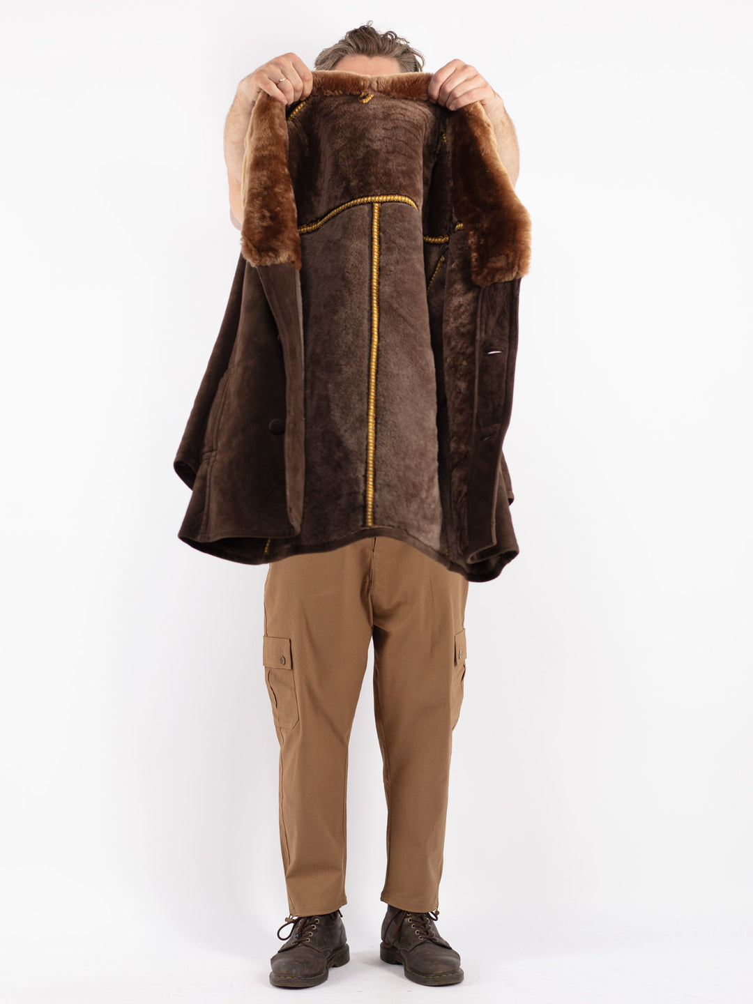 Vintage 70's Men Sheepskin Shearling Coat in Brown