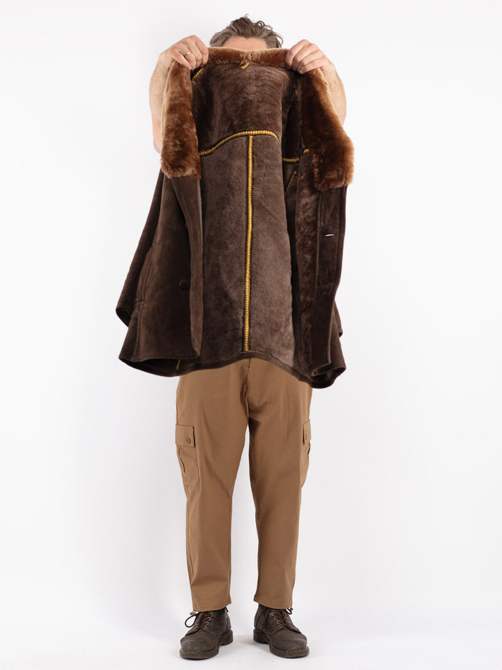 Vintage 70's Men Sheepskin Shearling Coat in Brown