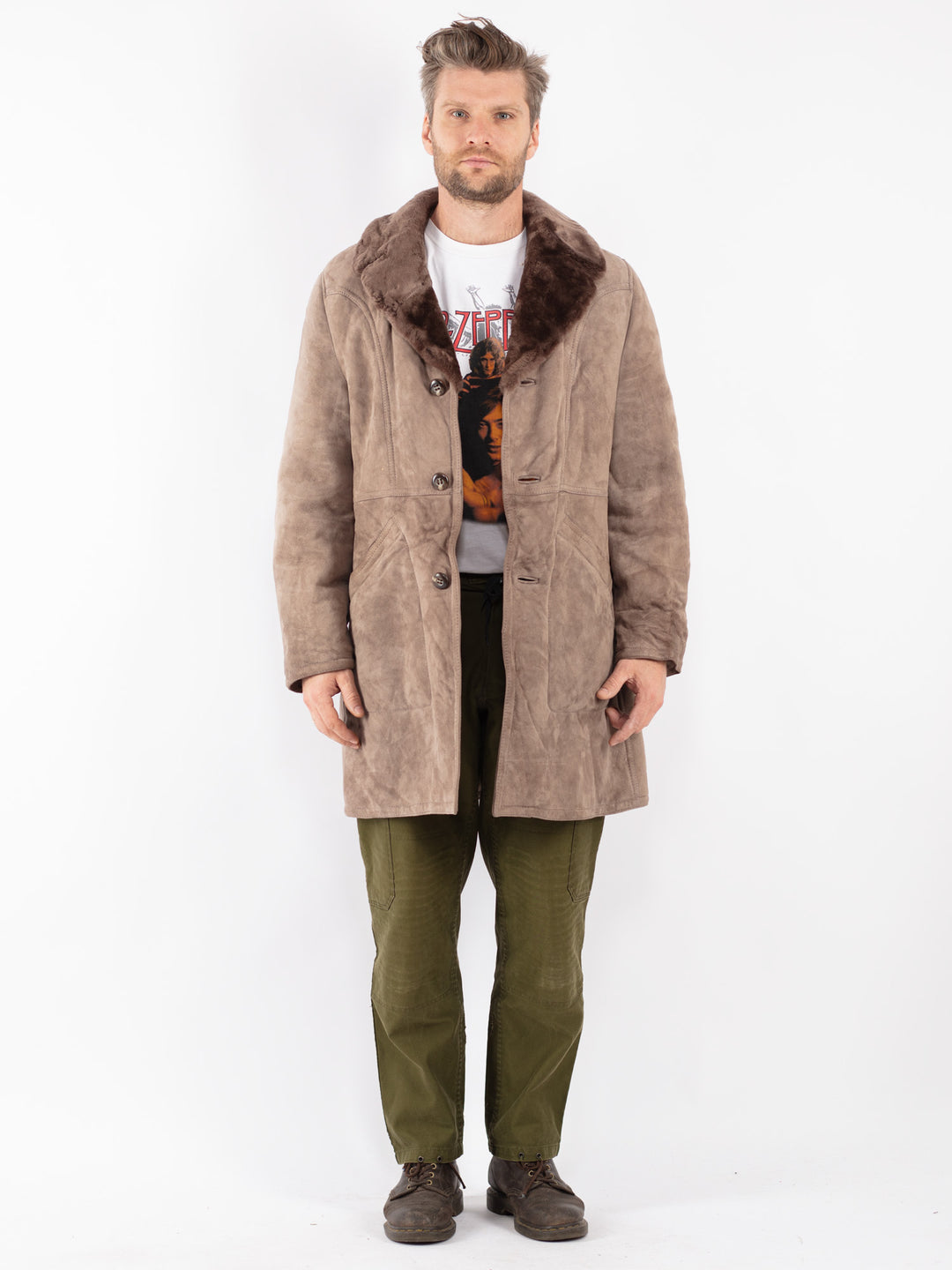 Vintage Men Sheepskin Coat in Beige