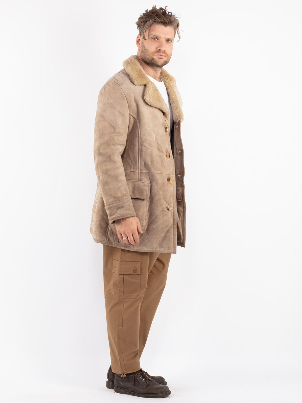 Vintage 70's Men Sheepskin Coat in Beige